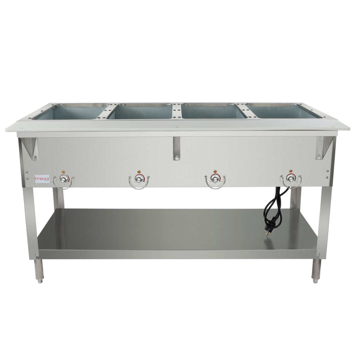 A stainless steel electric steam table with three rectangular compartments, individual control knobs, an electric cord, and a lower storage shelf; ideal for keeping food warm in any kitchen or buffet setting.