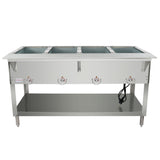 A stainless steel electric steam table with three rectangular compartments, individual control knobs, an electric cord, and a lower storage shelf; ideal for keeping food warm in any kitchen or buffet setting.