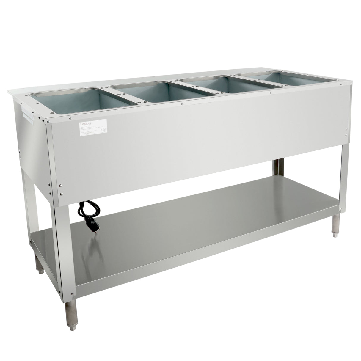 A rectangular stainless steel 4-well steam table with an open lower shelf for storage and adjustable legs. An electric cord hangs from the left side, indicating it’s a heated or electrically powered food service unit.