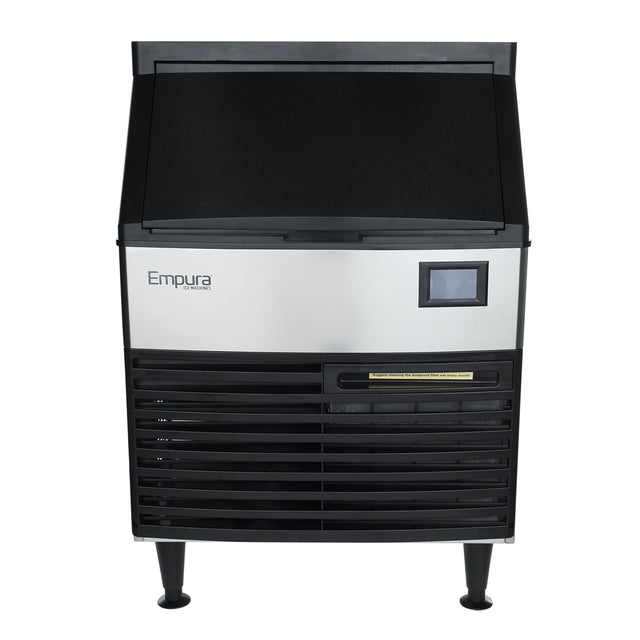 A commercial Empura ice machine featuring a stainless steel front, black vented lower panel, black top door, small display screen on the right, and four sturdy legs. Its modern, industrial design is ideal for professional kitchens or bars.