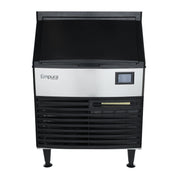 A commercial ice machine with a stainless steel body, black top, and black vented front panel. The Empura brand is visible on the left. This cube-style ice maker features a small digital display on the right and long, sturdy legs supporting the unit.