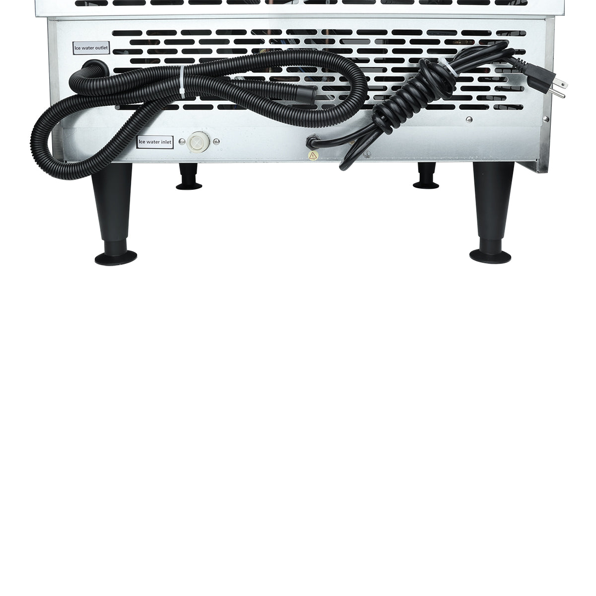 The image shows the back of a commercial ice machine with black vents, two coiled black power cords, four sturdy legs, and labels reading Ice water outlet and Ice water inlet. The background is white.