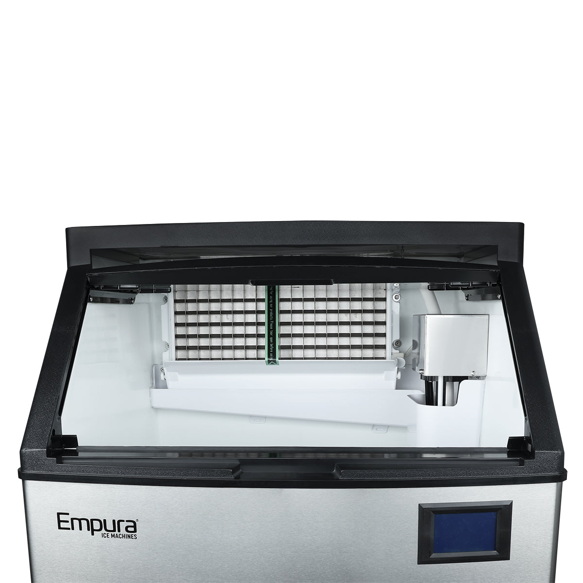 A stainless steel ice machine by Empura, this commercial ice maker has its black lid open to reveal the white interior, ice grid, and mechanical parts. The Empura logo is on the front, with a blue control panel screen at the lower right.
