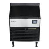 A stainless steel Empura ice machine with a black vented front panel, raised on four legs. This cube-style ice machine features a digital display screen and a labeled area above the vent, with the Empura brand name on the upper left.