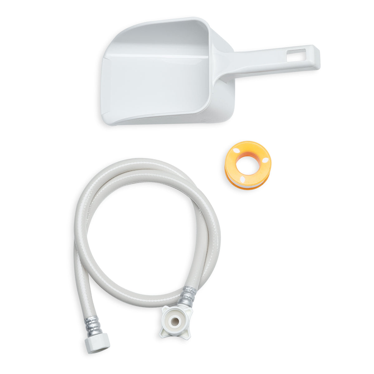 A white plastic scoop, ideal for an Empura ice machine, a coiled flexible hose with metal connectors at both ends, and a small round yellow rubber gasket are arranged on a plain white background.