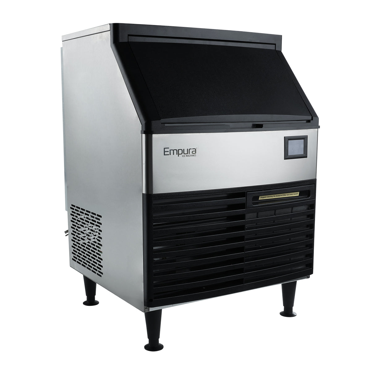 Front-left angled perspective of the Empura E-UCH310 ice machine featuring a stainless steel body and black vent grill