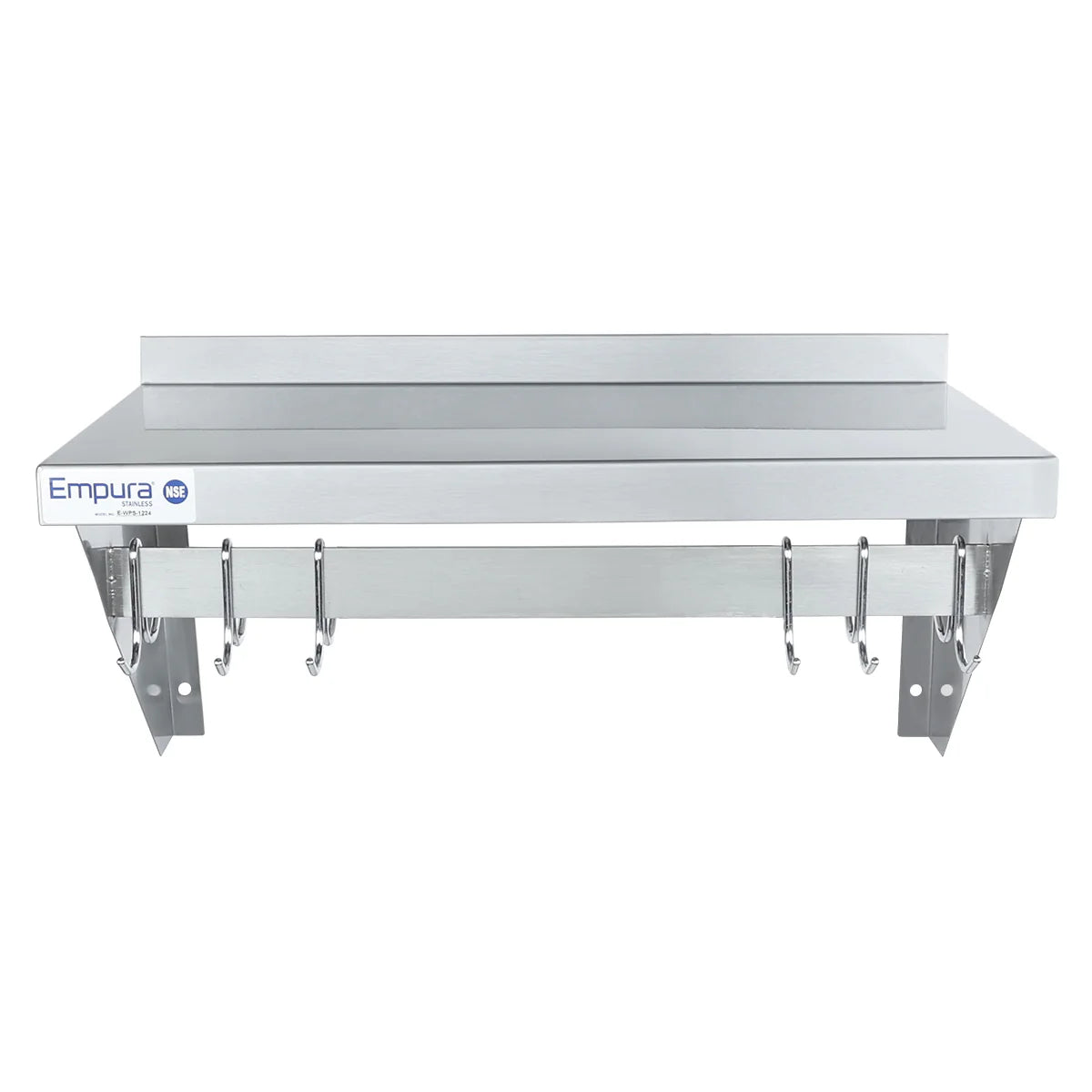 A stainless steel Empura wall-mounted pot rack with a backsplash, six utensil hooks below, and a sturdy shelf. Supported by angled metal brackets, it features a smooth finish ideal for commercial kitchens.