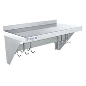 A stainless steel wall mounted pot rack by Empura, featuring a flat shelf, short backsplash, and six metal hooks underneath for utensils or tools. The shelf has angled side supports and a sleek brushed steel finish.