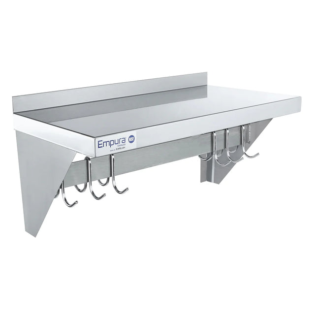 A stainless steel wall mounted pot rack by Empura, featuring a flat shelf, short backsplash, and six metal hooks underneath for utensils or tools. The shelf has angled side supports and a sleek brushed steel finish.