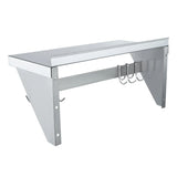 A wall-mounted stainless steel kitchen shelf with two angled side supports, a flat top surface, and a horizontal bar underneath featuring four hooks for hanging utensils. This pot rack has a sleek, modern design and a metallic finish.