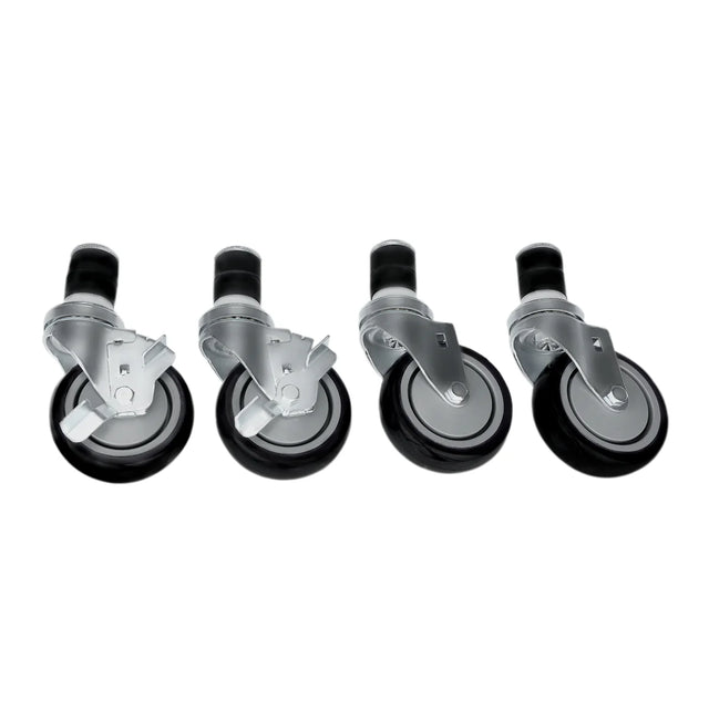 A set of four black and silver stainless casters with metal brackets, two featuring locking mechanisms and two without locks, arranged in a row on a white background. The wheels have cylindrical mounting stems at the top.