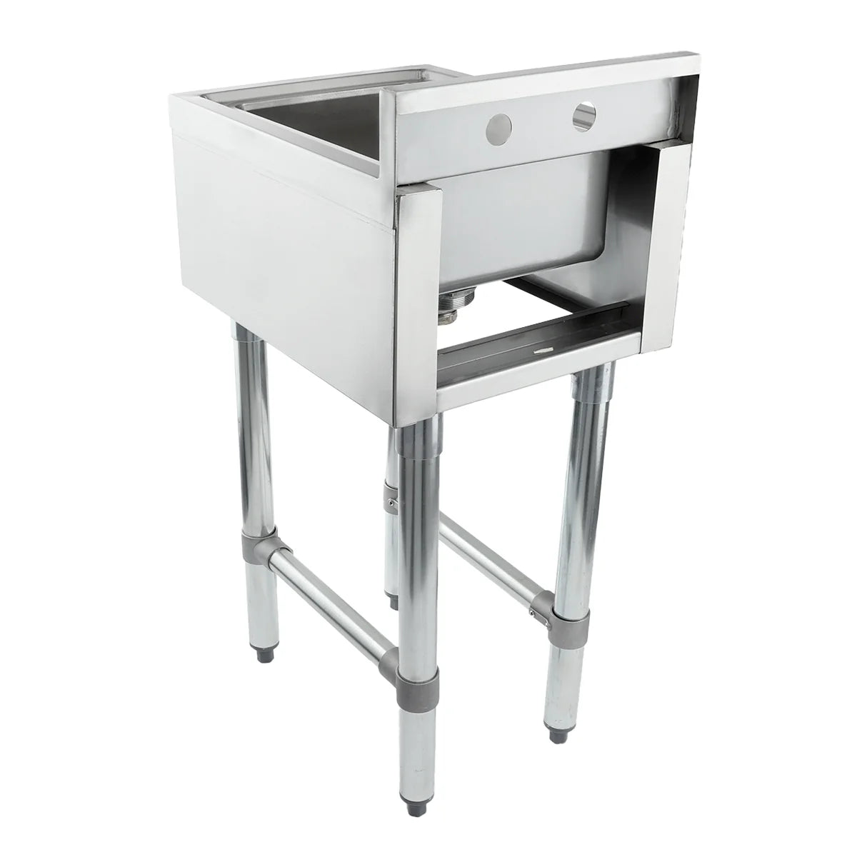A stainless steel underbar sink with four sturdy legs, a deep 1 compartment rectangular basin, and pre-drilled holes in the backsplash for faucet installation, shown against a plain white background.