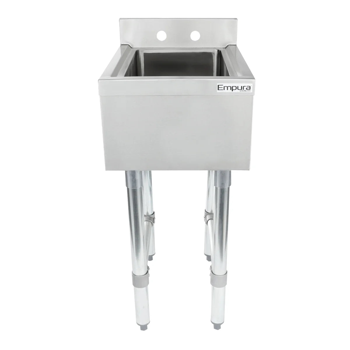 A stainless steel underbar sink with a deep rectangular 1 compartment basin, four sturdy cylindrical legs, and a backsplash with two faucet holes. The Empura brand name is displayed on the upper right front panel. The sink is shown against a white background.