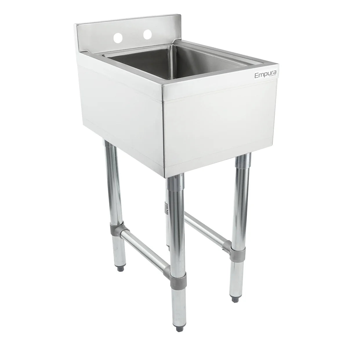 A stainless steel 1 compartment utility sink with four cylindrical legs and a rectangular basin. The sink features a backsplash with two faucet holes, the Empura brand on the upper right corner, and an industrial, modern design—ideal as an underbar sink.