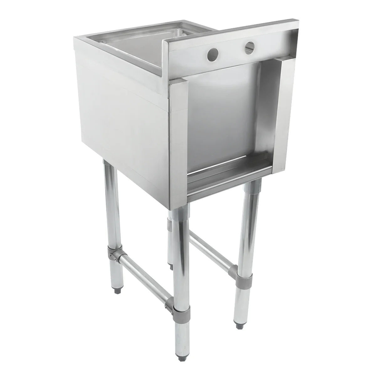 An NSF-certified underbar sink with a deep rectangular basin, raised sides, and an open front panel. This stainless steel sink stands on four sturdy legs with adjustable feet and lower crossbars, plus two circular holes for fixtures on the backsplash.