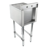 An NSF-certified underbar sink with a deep rectangular basin, raised sides, and an open front panel. This stainless steel sink stands on four sturdy legs with adjustable feet and lower crossbars, plus two circular holes for fixtures on the backsplash.