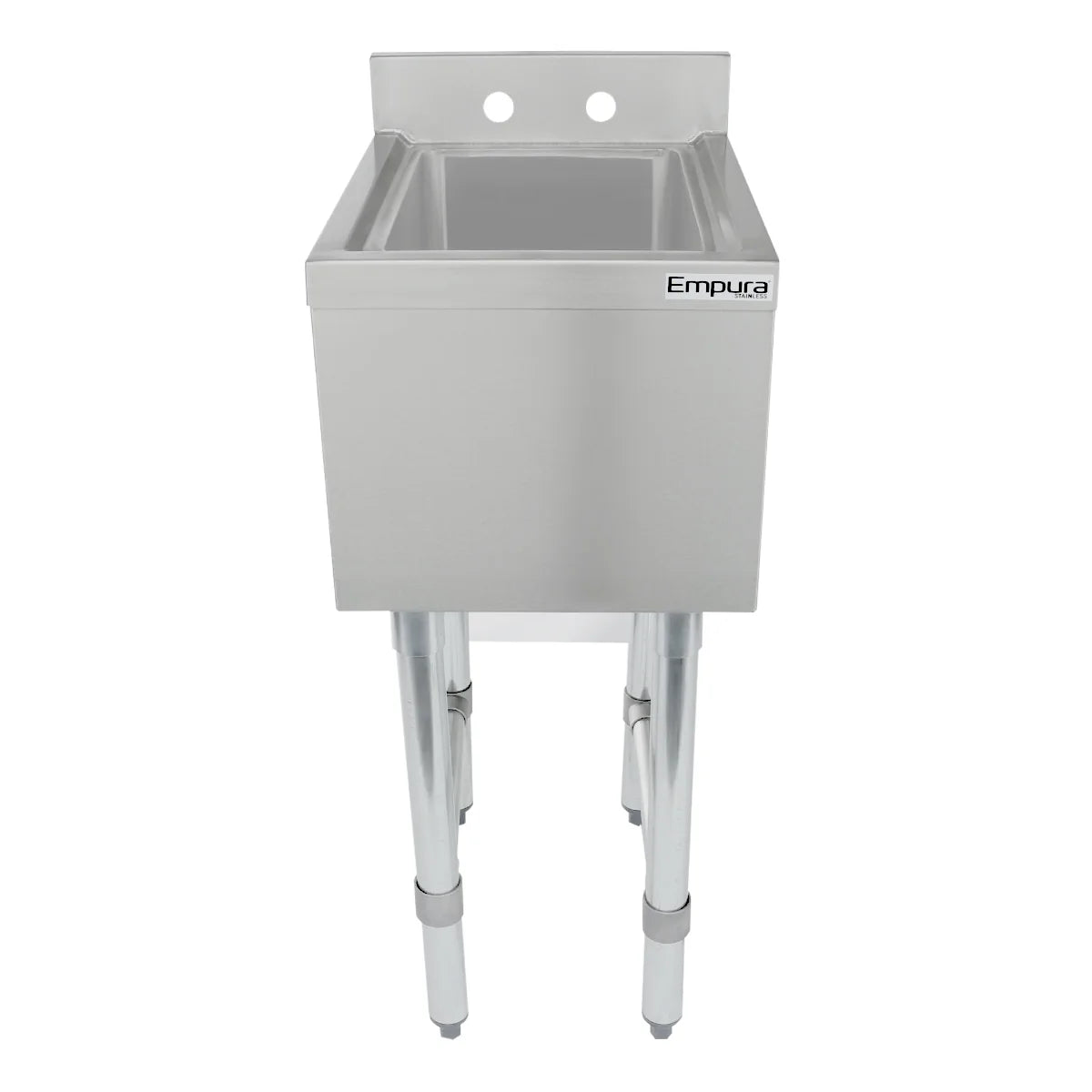 A stainless steel sink with NSF certification, four sturdy legs, a deep basin, and two faucet holes on the rear backsplash. The front bears the Empura logo. This underbar sink has a minimalist, industrial design for commercial or utility spaces.