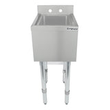 A stainless steel sink with NSF certification, four sturdy legs, a deep basin, and two faucet holes on the rear backsplash. The front bears the Empura logo. This underbar sink has a minimalist, industrial design for commercial or utility spaces.