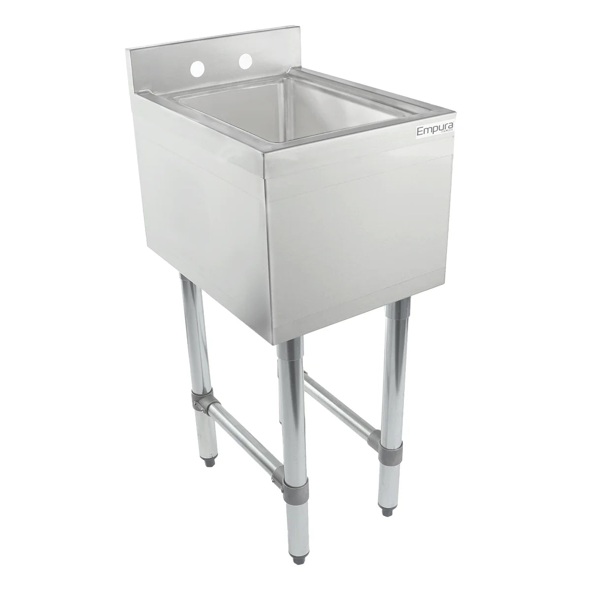 A stainless steel sink with high backsplash, deep rectangular basin, and four sturdy legs. The brand name Empura is printed on the front right corner. NSF certified, this underbar sink features two faucet holes in the backsplash.