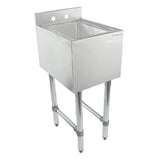 A stainless steel sink with high backsplash, deep rectangular basin, and four sturdy legs. The brand name Empura is printed on the front right corner. NSF certified, this underbar sink features two faucet holes in the backsplash.