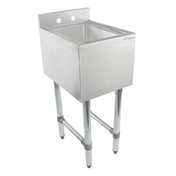 A stainless steel sink with high backsplash, deep rectangular basin, and four sturdy legs. The brand name Empura is printed on the front right corner. NSF certified, this underbar sink features two faucet holes in the backsplash.