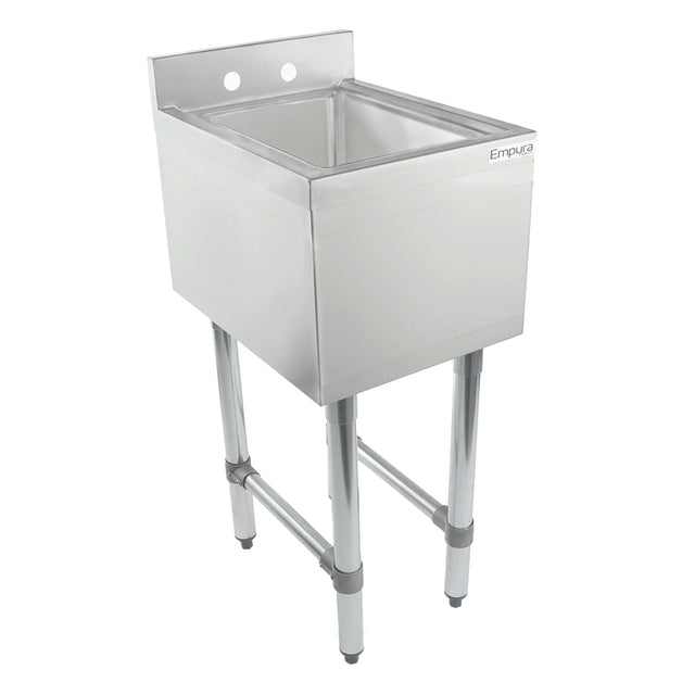 A stainless steel sink with high backsplash, deep rectangular basin, and four sturdy legs. The brand name Empura is printed on the front right corner. NSF certified, this underbar sink features two faucet holes in the backsplash.