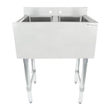 A stainless steel 2 compartment underbar sink with four sturdy legs and a backsplash, labeled Empura in the top right corner. The deep basins and simple, commercial design make it ideal for kitchens or industrial settings.