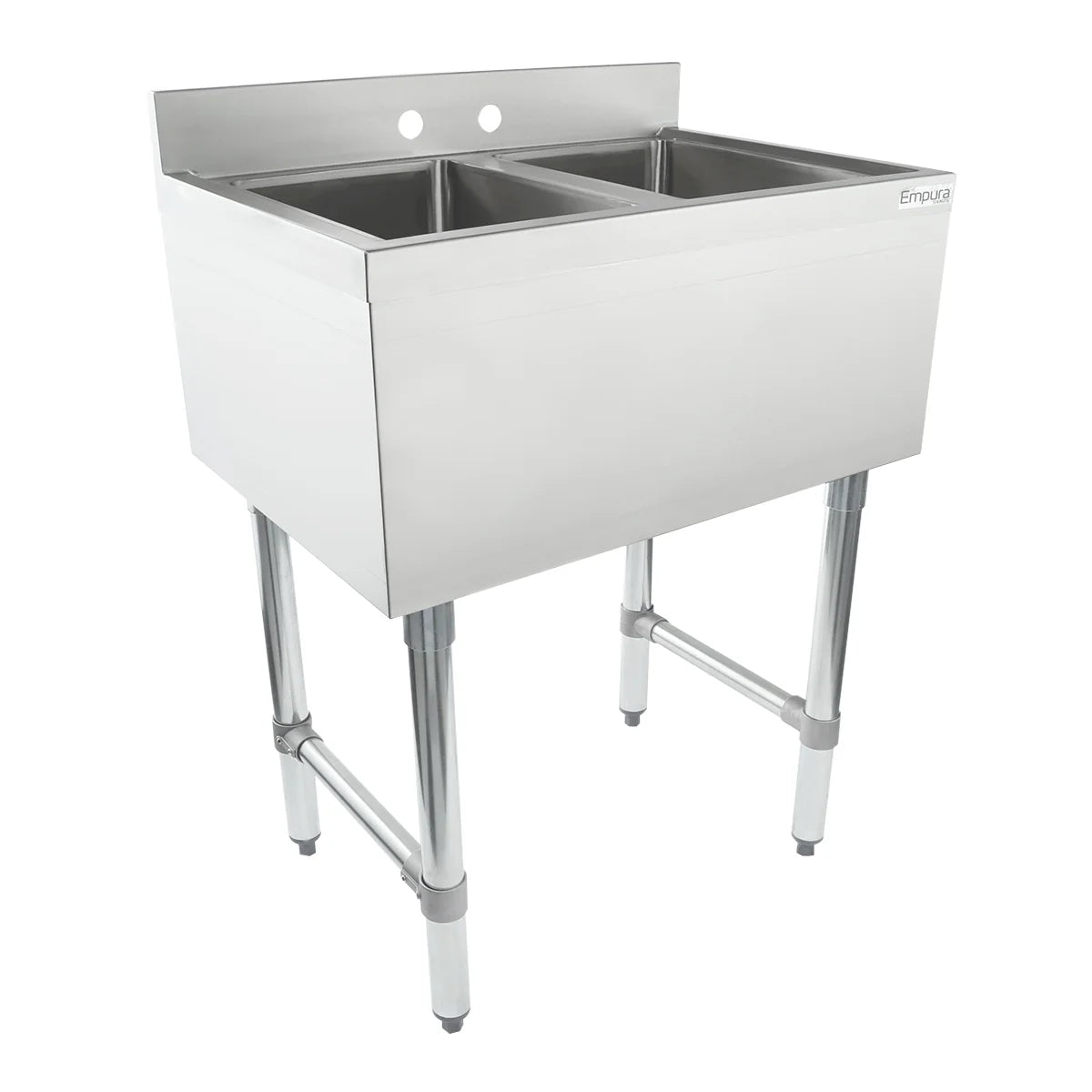 A commercial stainless steel underbar sink with 2 compartment deep rectangular basins, high backsplash, rounded edges, and four sturdy tubular metal legs with adjustable feet. Ideal for heavy-duty use in restaurants or industrial kitchens.