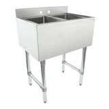 A commercial stainless steel underbar sink with 2 compartment deep rectangular basins, high backsplash, rounded edges, and four sturdy tubular metal legs with adjustable feet. Ideal for heavy-duty use in restaurants or industrial kitchens.