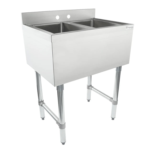 A commercial stainless steel underbar sink with 2 compartment deep rectangular basins, high backsplash, rounded edges, and four sturdy tubular metal legs with adjustable feet. Ideal for heavy-duty use in restaurants or industrial kitchens.