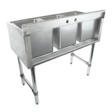 A stainless steel 3 compartment sink with deep rectangular basins, elevated on four sturdy legs. This commercial underbar sink features a backsplash with two faucet holes and an open area beneath for easy cleaning and storage.