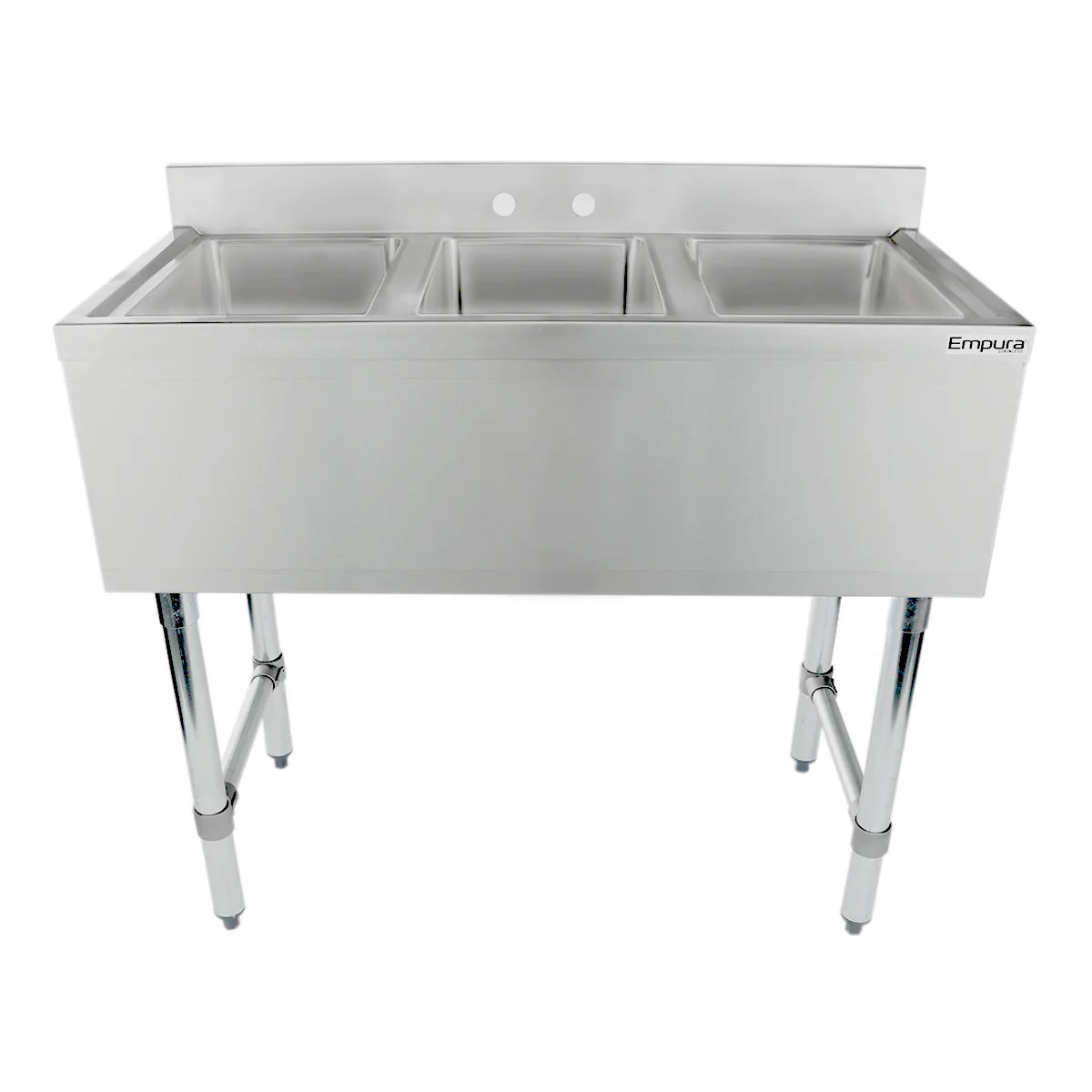 A stainless steel 3 compartment sink with backsplash and sturdy legs. Each deep rectangular compartment is perfect for commercial use, and two faucet holes are set in the backsplash. The Empura brand name is visible on the upper right corner.