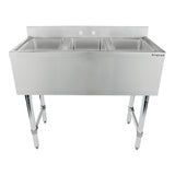 A stainless steel 3 compartment sink with backsplash and sturdy legs. Each deep rectangular compartment is perfect for commercial use, and two faucet holes are set in the backsplash. The Empura brand name is visible on the upper right corner.