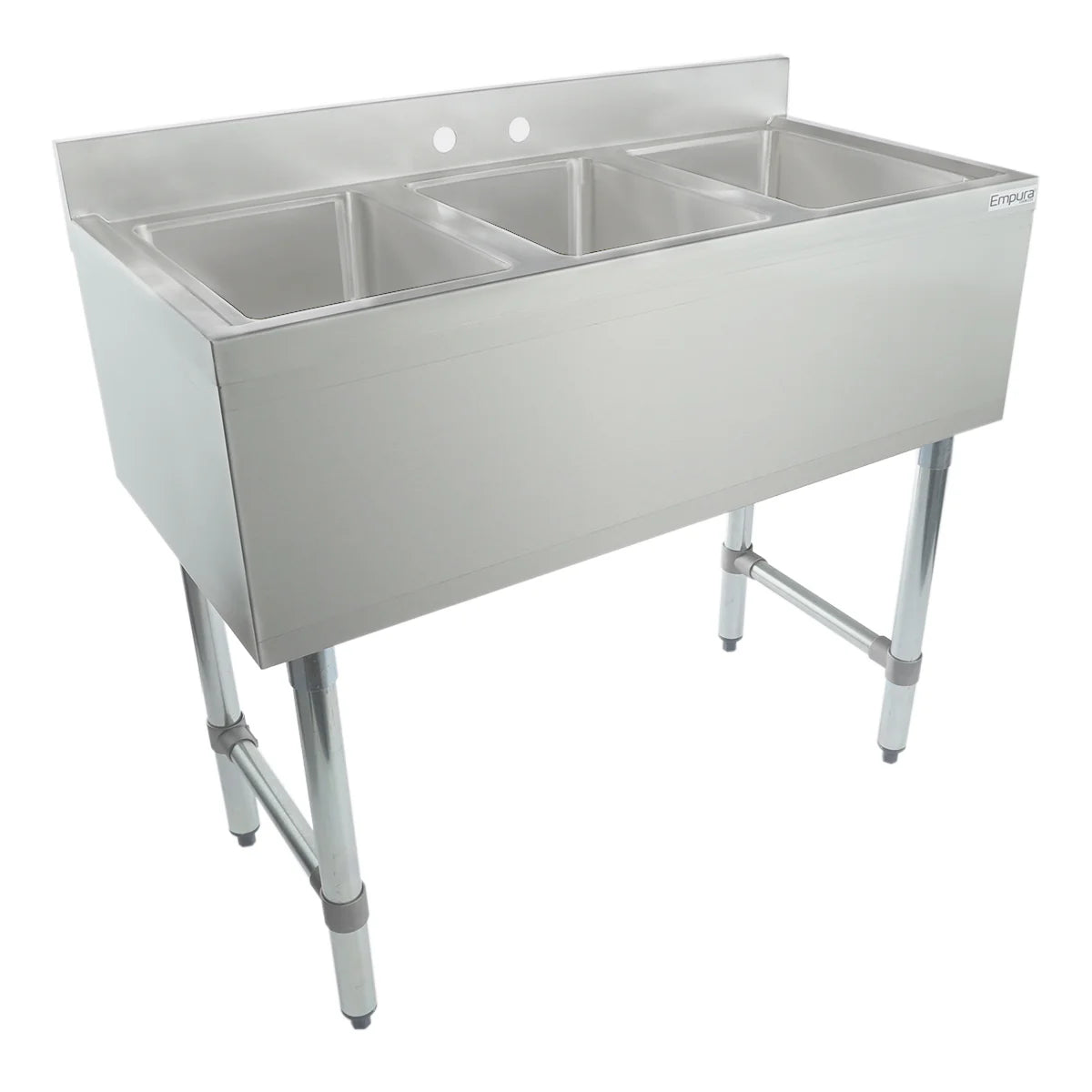A stainless steel 3 compartment sink with deep rectangular basins, a backsplash panel with two faucet holes, and four metal legs for support, shown against a plain white background.