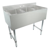 A stainless steel 3 compartment sink with deep rectangular basins, a backsplash panel with two faucet holes, and four metal legs for support, shown against a plain white background.
