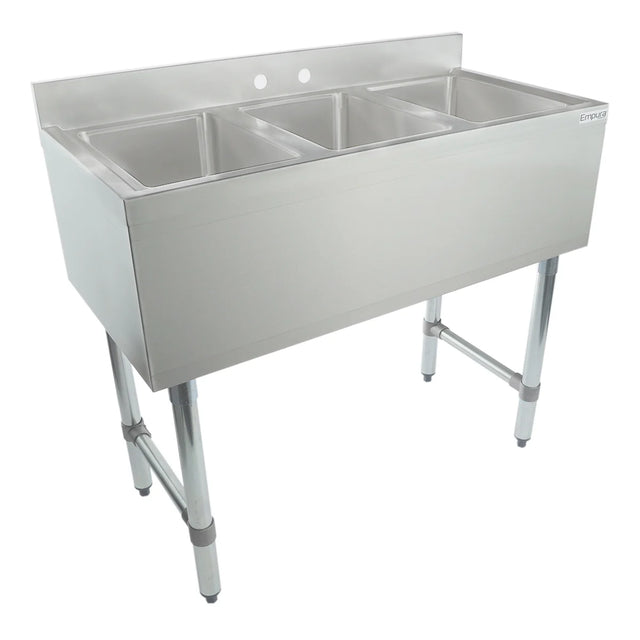A stainless steel 3 compartment sink with deep rectangular basins, a backsplash panel with two faucet holes, and four metal legs for support, shown against a plain white background.