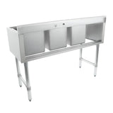 A 3 compartment stainless steel commercial sink with three deep rectangular basins and four sturdy legs. The high backsplash features a single pre-drilled hole, making this clean, functional underbar sink ideal for kitchen or industrial use.