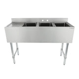 A commercial 3 compartment stainless steel sink with deep rectangular basins, a left drainboard, and four sturdy legs. The back features two faucet holes and a raised backsplash. The Empura logo is visible on the front right corner.