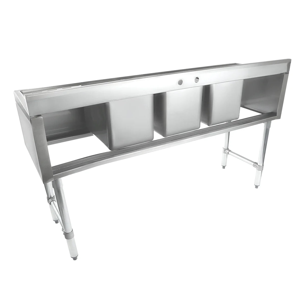A large, stainless steel 3 compartment sink stands on four sturdy legs. Each rectangular basin is deep and spacious, designed for washing, rinsing, and sanitizing dishes in a professional kitchen setting.