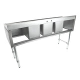 A large, stainless steel 3 compartment sink stands on four sturdy legs. Each rectangular basin is deep and spacious, designed for washing, rinsing, and sanitizing dishes in a professional kitchen setting.