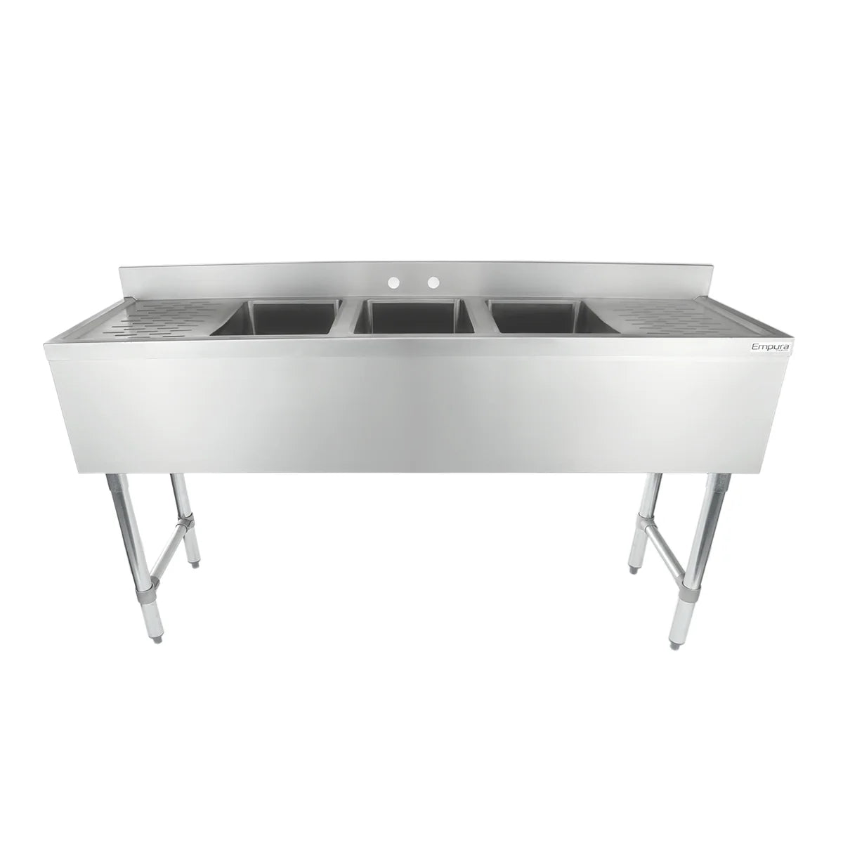 A commercial stainless steel 3 compartment sink with a backsplash and two pre-drilled faucet holes. Standing on four metal legs with drainboards on both sides, this underbar sink is ideal for industrial or restaurant kitchen use.