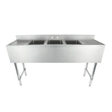A commercial stainless steel 3 compartment sink with a backsplash and two pre-drilled faucet holes. Standing on four metal legs with drainboards on both sides, this underbar sink is ideal for industrial or restaurant kitchen use.