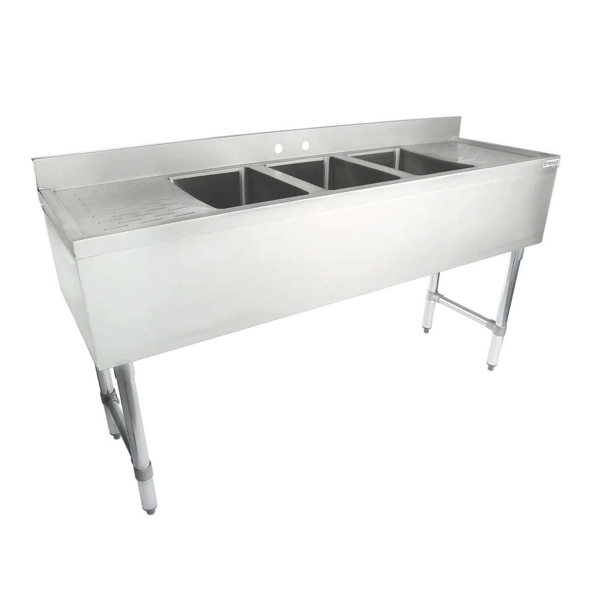 A large commercial 3 compartment sink with deep rectangular basins, sturdy backsplash, and four metal legs. The smooth stainless steel surface is designed for heavy-duty use in kitchens or industrial settings. No taps or accessories are attached.