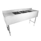 A large commercial 3 compartment sink with deep rectangular basins, sturdy backsplash, and four metal legs. The smooth stainless steel surface is designed for heavy-duty use in kitchens or industrial settings. No taps or accessories are attached.