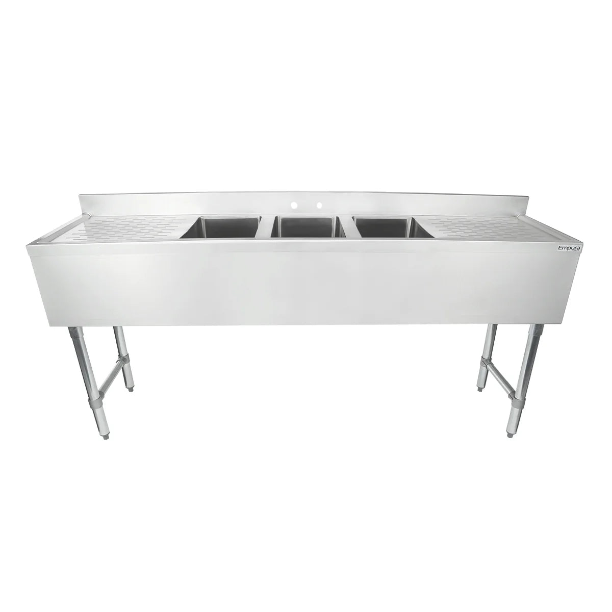 A large stainless steel 3 compartment sink with deep rectangular basins, flat backsplash, and sturdy metal legs. This industrial underbar sink is ideal for kitchens or food service, featuring a clean, shiny finish and no faucets attached.