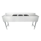 A large stainless steel 3 compartment sink with deep rectangular basins, flat backsplash, and sturdy metal legs. This industrial underbar sink is ideal for kitchens or food service, featuring a clean, shiny finish and no faucets attached.
