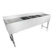 A large stainless steel 3 compartment sink with deep rectangular basins, two drainboards at each end, and sturdy metal legs. The back features a backsplash with two faucet holes, making it ideal for industrial use.