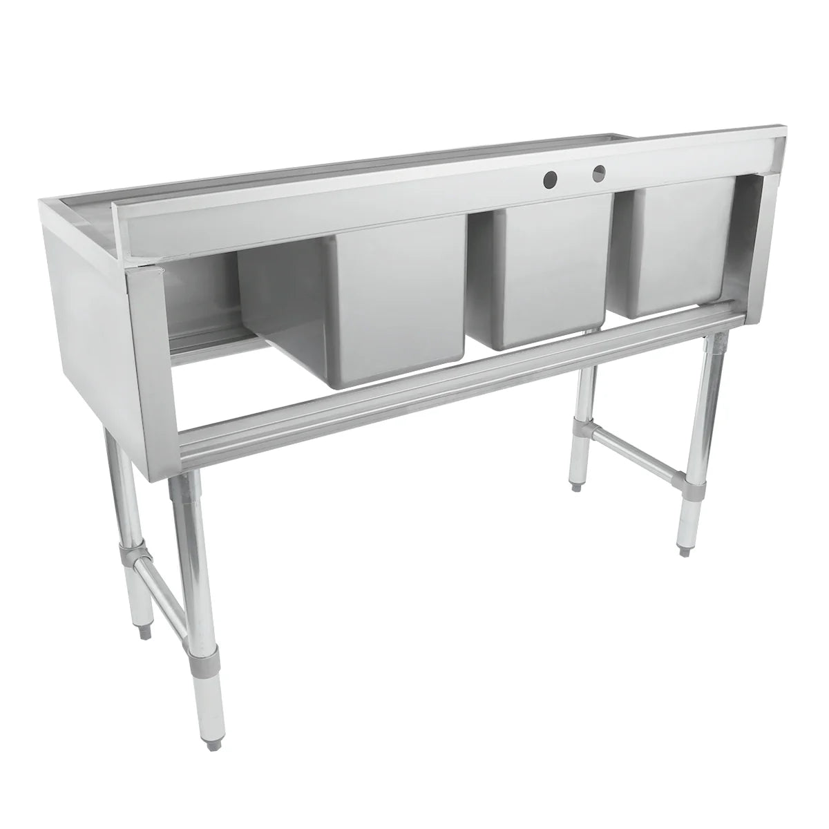 This 3 compartment sink features three deep rectangular basins, a stainless steel backsplash with two faucet holes, and sturdy metal legs—an industrial, functional underbar sink ideal for kitchens or food service environments.