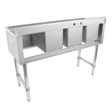 This 3 compartment sink features three deep rectangular basins, a stainless steel backsplash with two faucet holes, and sturdy metal legs—an industrial, functional underbar sink ideal for kitchens or food service environments.