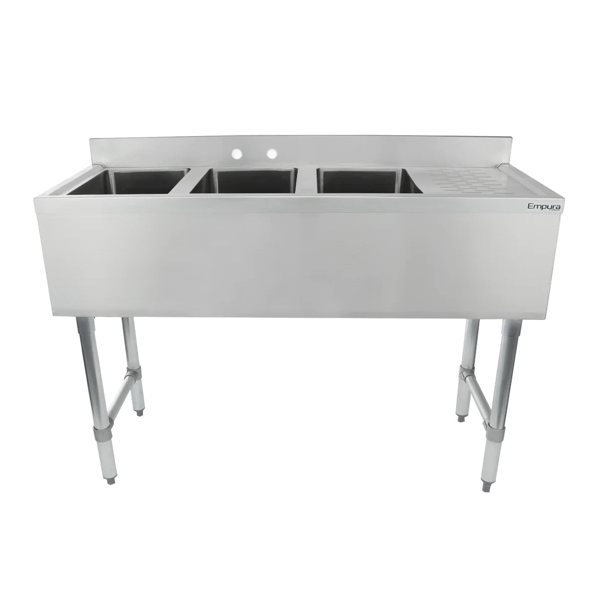 A stainless steel 3 compartment sink with deep square basins and a right drainboard, ideal as an underbar sink. Features four sturdy legs, a backsplash with two faucet holes, and the Empura brand on the drainboard’s top right corner.